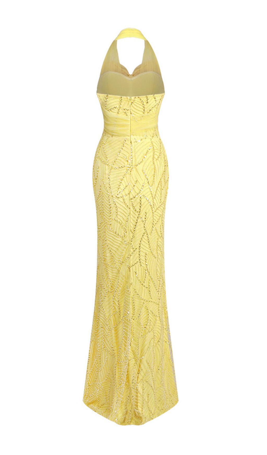 Jermaine Yellow Halter Bow Beaded Maxi Gown