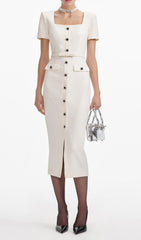Elegant Cream Crepe Button-Front Midi Dress with Square Neckline