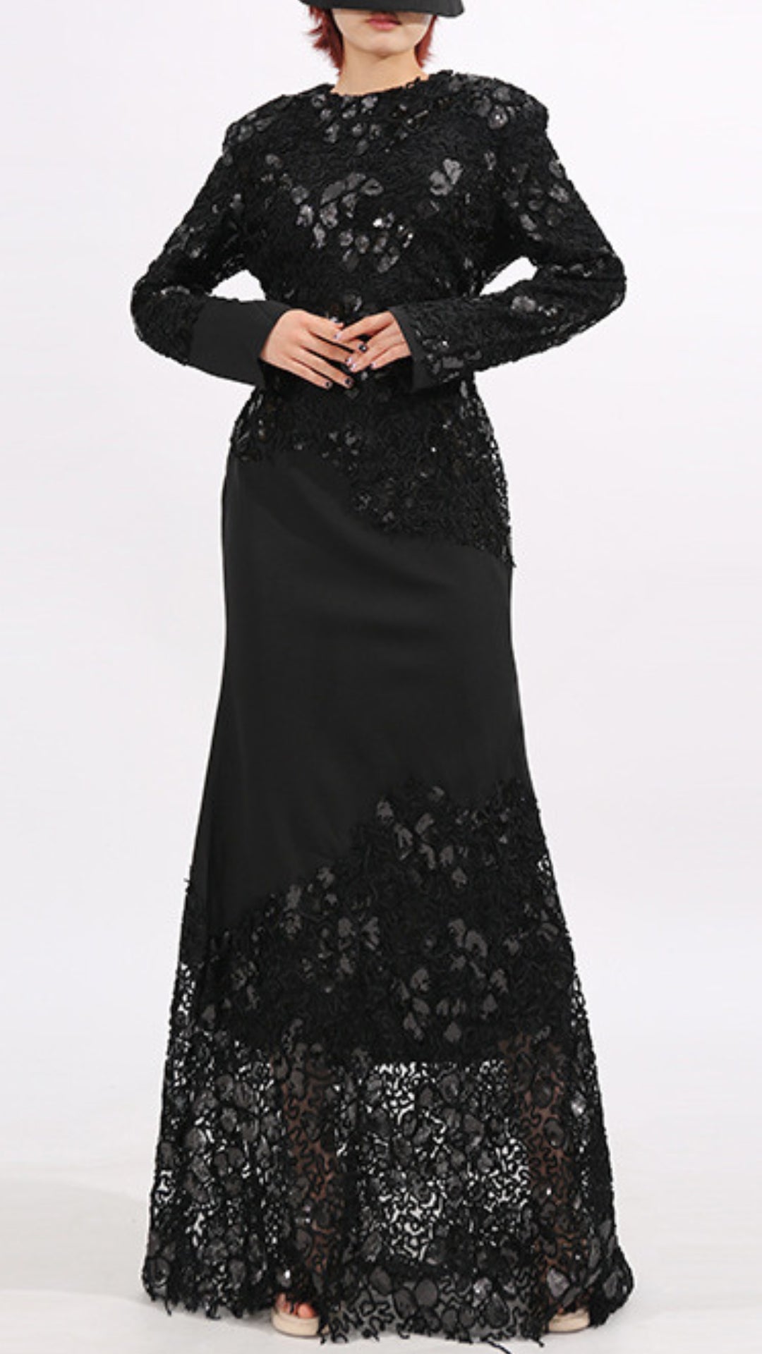 Elodie Enchanting Black Lace & Sequin Long Sleeve Maxi Dress