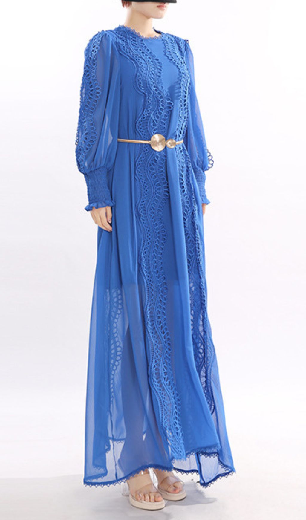 Jeslyn Elegant Royal Blue Lace-Trim Long Sleeve Maxi Dress
