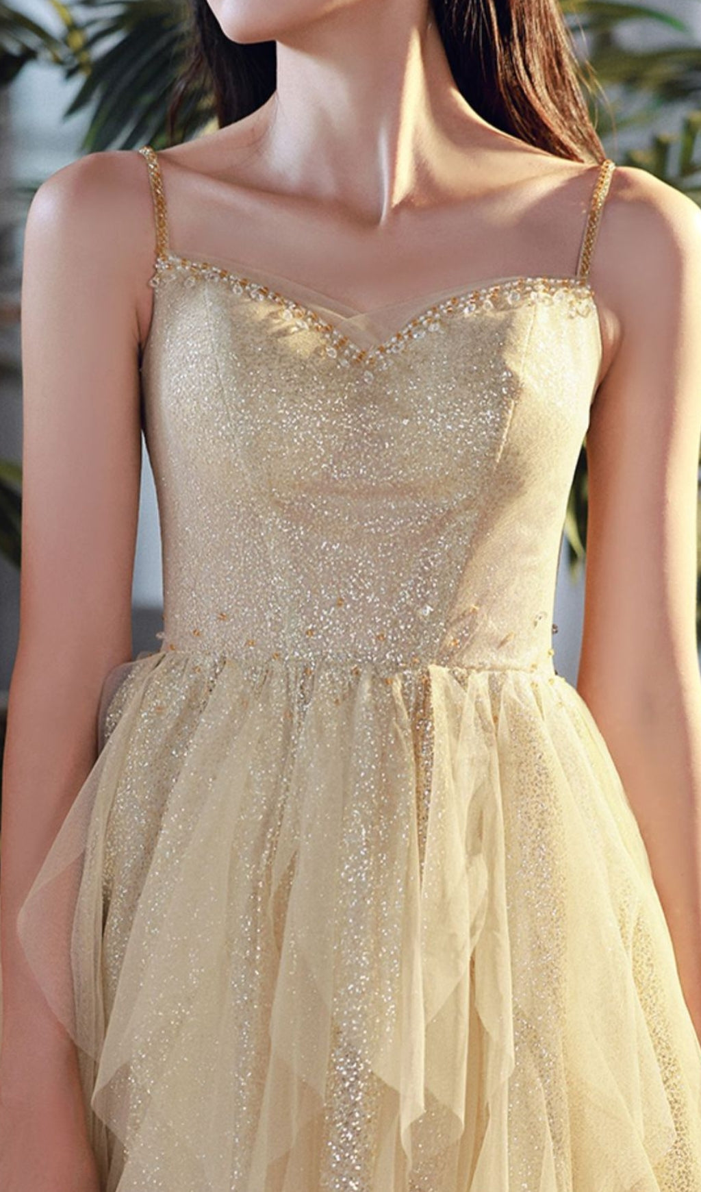 Chinara Sparkling Champagne Tiered Mesh Maxi Gown