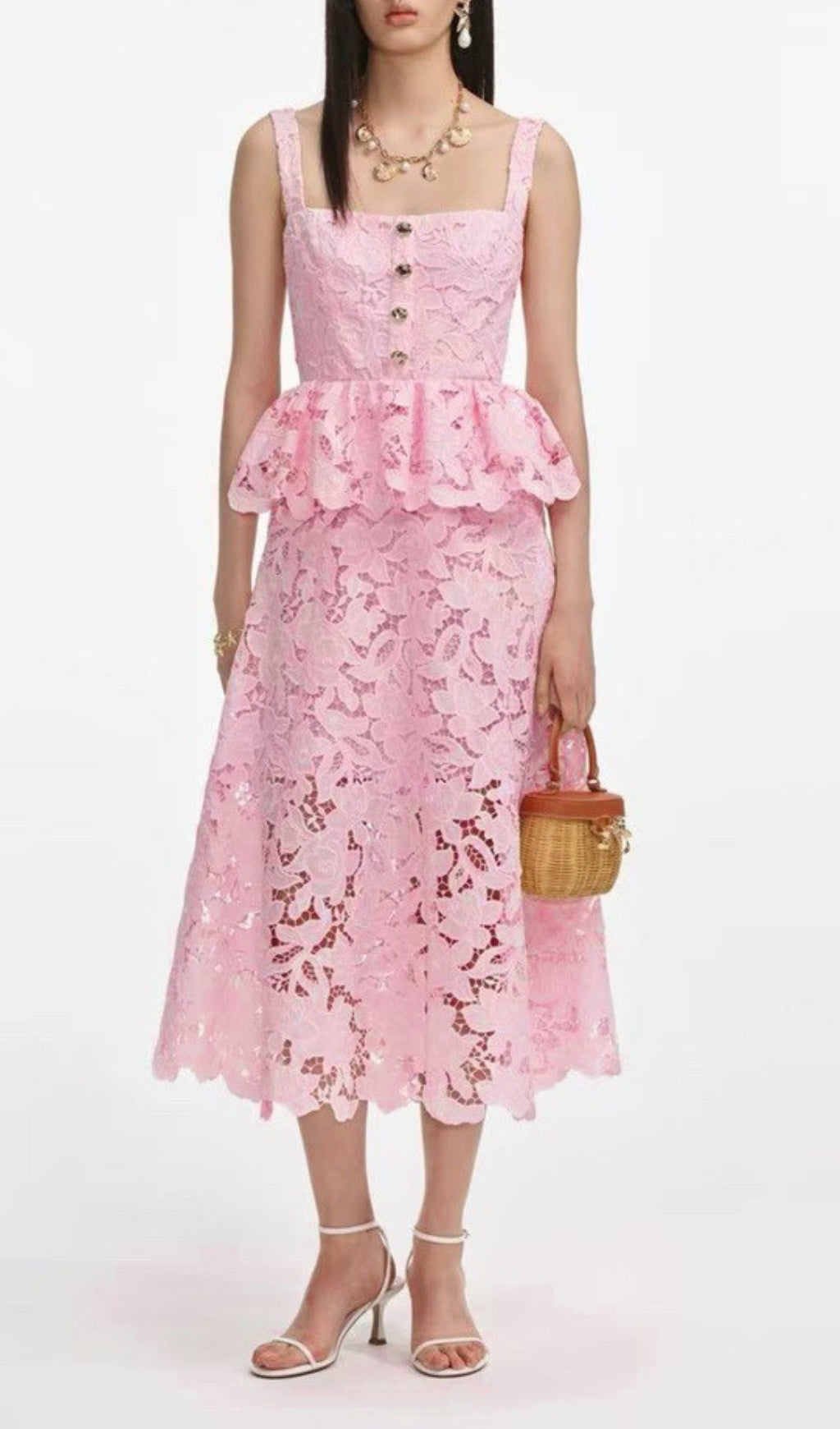 Fumito Chic Blush Pink Floral Lace Peplum Midi Dress for Women