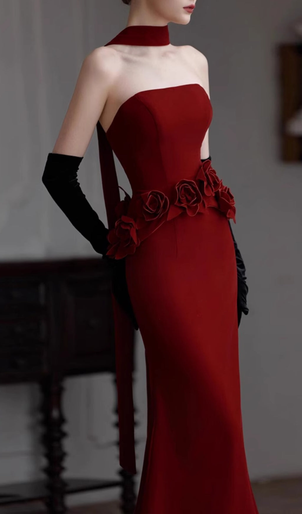 Edena Crimson Rose Strapless Evening Gown
