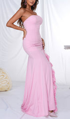 Glamorous Bonnet Pink Strapless Maxi Dress with Ruffle Slit