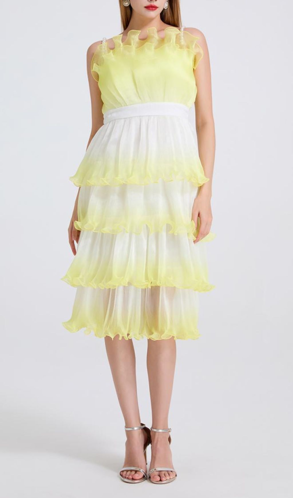 Fiene Ombre Yellow Tiered Ruffle Strappy Midi Dress