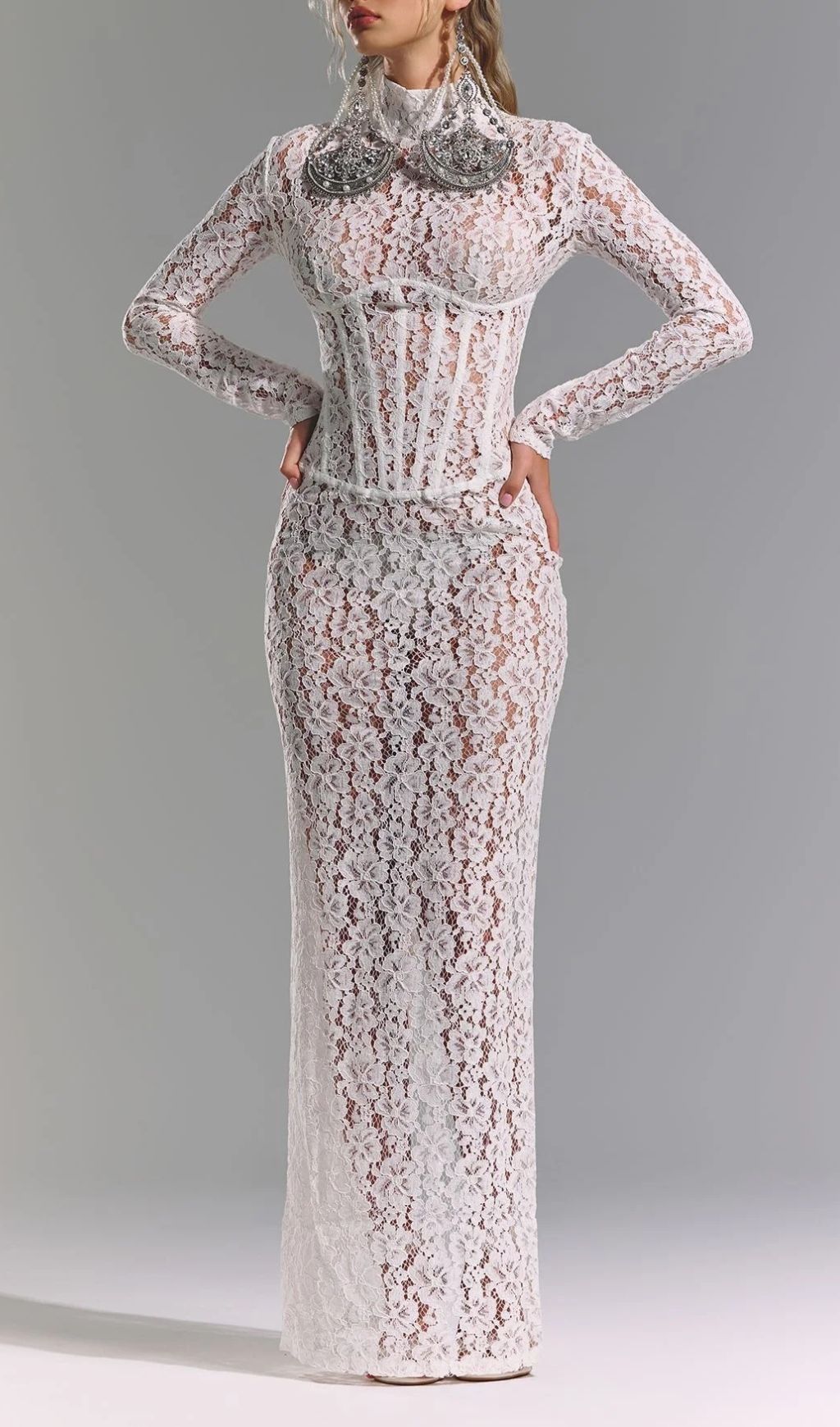 Isolde White Floral Lace Corset Maxi Dress