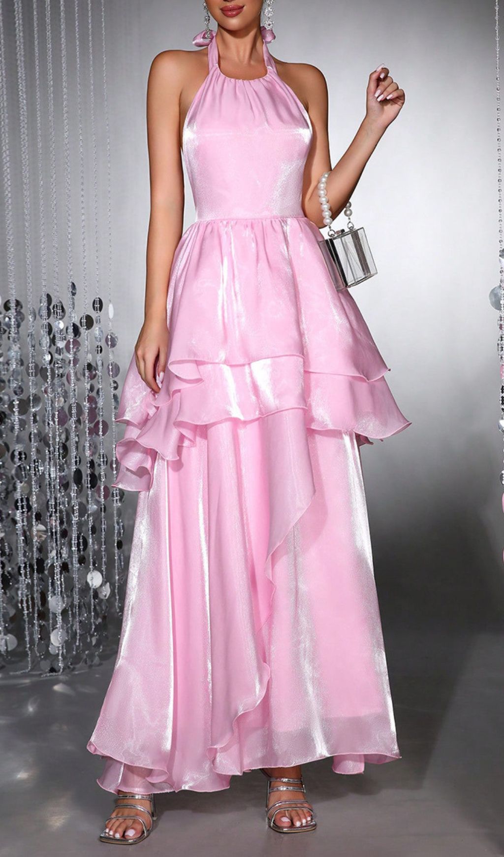 Haloke Shimmer Pink Halter Tiered Ruffle Maxi Dress