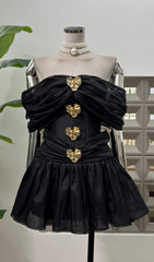 Eirwen Black Off-Shoulder Mini Dress with Ornate Gold Embellishments
