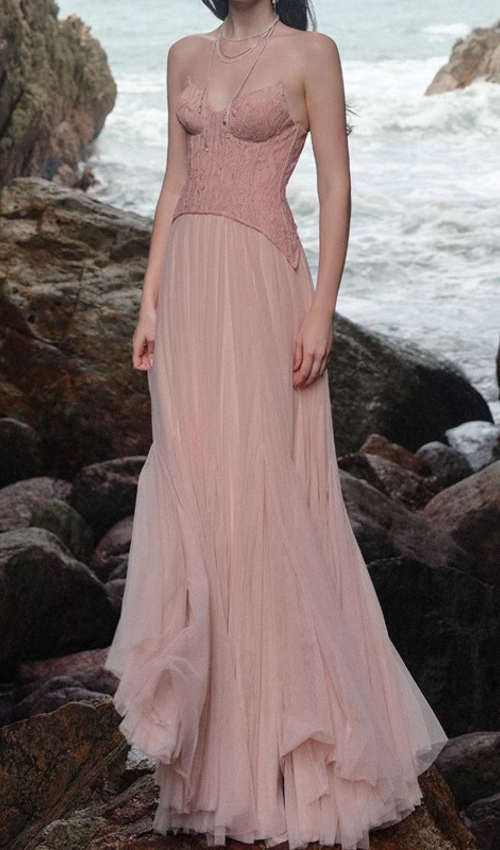 Finja Ethereal Blush Pink Strapless Corset Mesh Maxi Gown