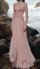 Finja Ethereal Blush Pink Strapless Corset Mesh Maxi Gown