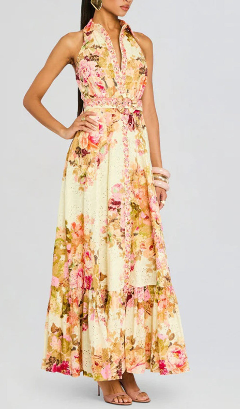 Derval Elegant Floral Halter Maxi Dress for Women