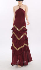 Jia Wine Red Halter Maxi Dress with Golden Chevron Ruffles