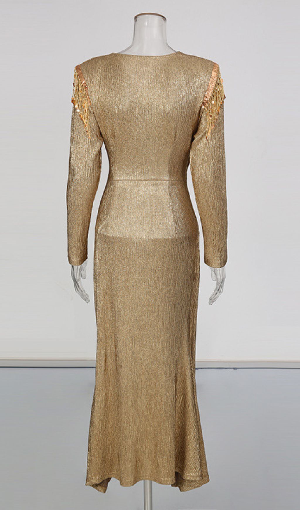 Iyeshia Liquid Gold Long Sleeve Maxi Dress with Metallic Fringe Shoulders & High Slit