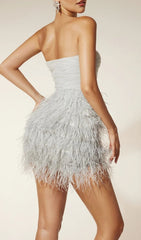 Frimara Strapless Feather Fringe Mini Dress