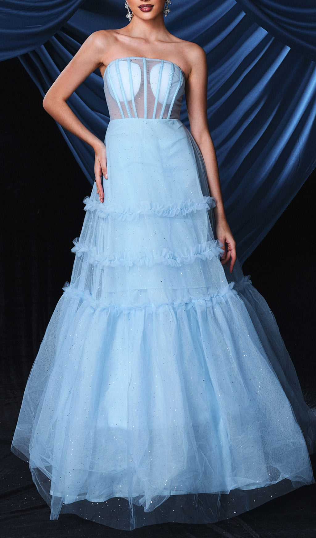 Enchanting Sky Blue Sparkle Tulle Corset Maxi Gown