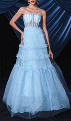 Enchanting Sky Blue Sparkle Tulle Corset Maxi Gown