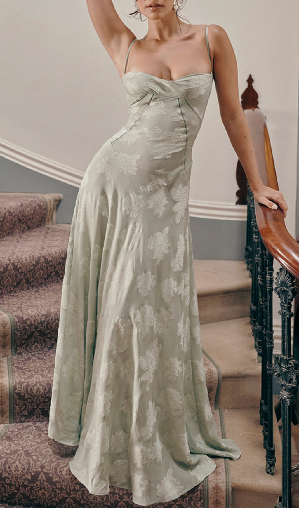 Billie Elegant Pistachio Floral Maxi Dress with Corset Lace-Up Back
