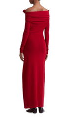 Burrell Red Off-Shoulder Maxi Dress with Elegant Ruched Flower Neckline