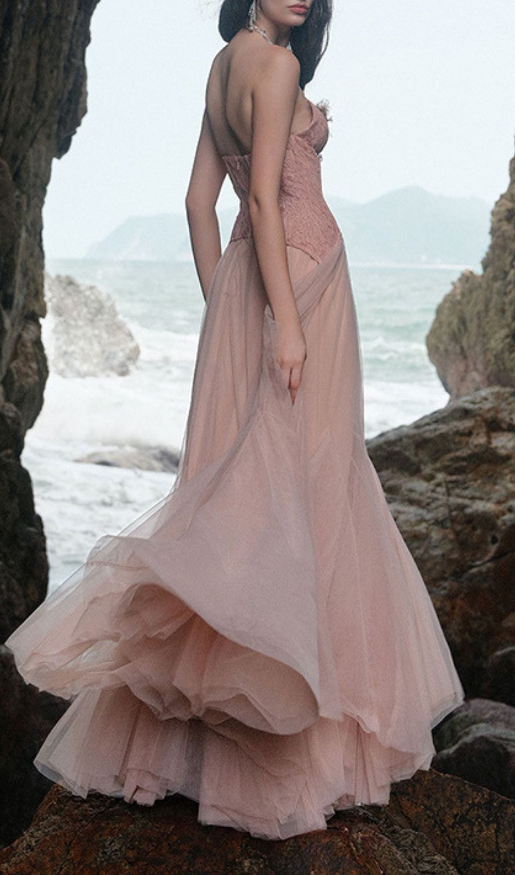 Finja Ethereal Blush Pink Strapless Corset Mesh Maxi Gown