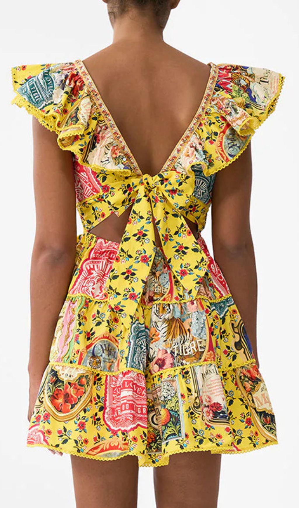 Gelsey Vibrant Yellow Patchwork Print V-Neck Ruffle Mini Dress