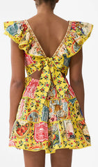 Gelsey Vibrant Yellow Patchwork Print V-Neck Ruffle Mini Dress