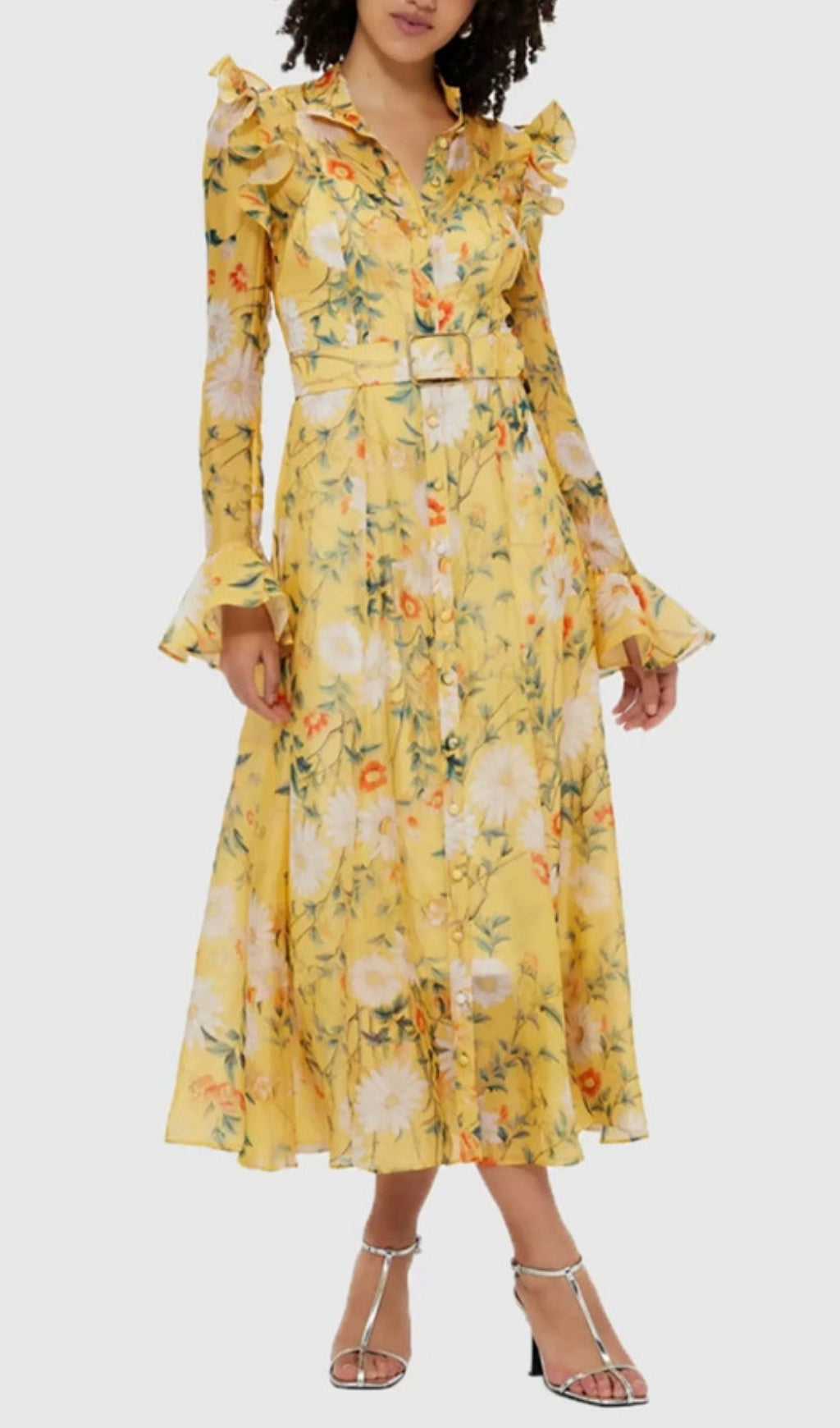 Eder Yellow Floral Ruffle Midi Dress