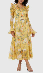 Eder Yellow Floral Ruffle Midi Dress
