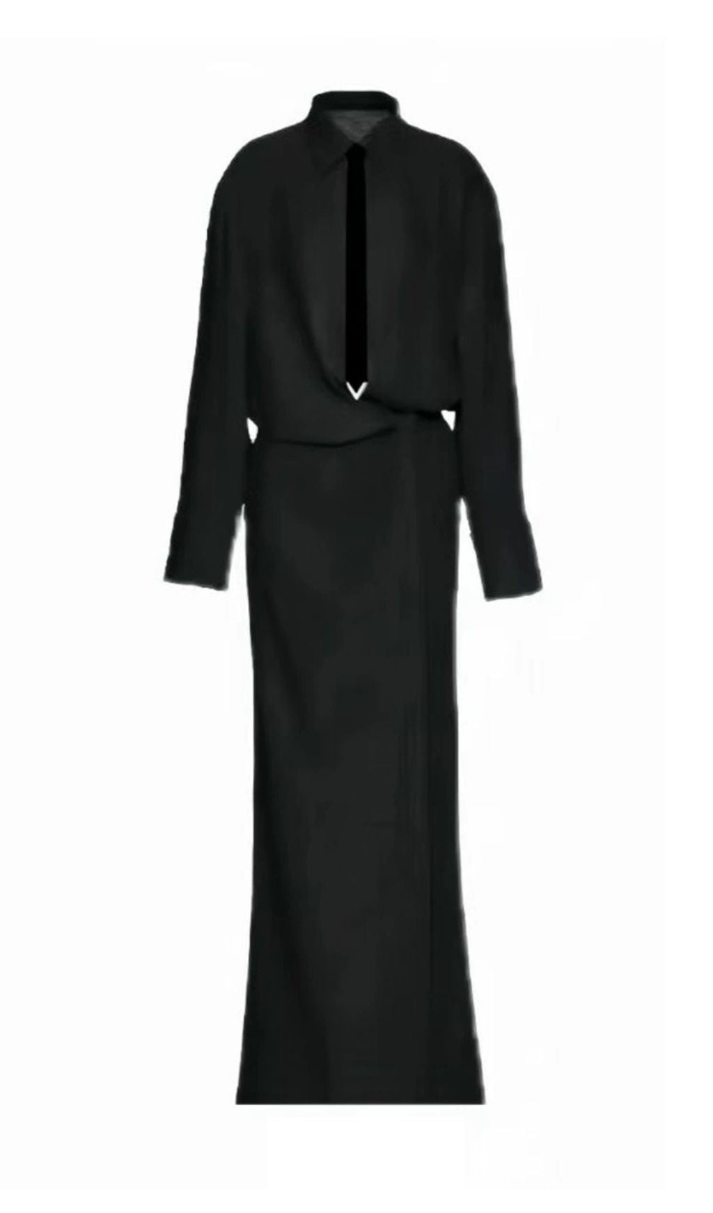 Haimi Elegant Black Long Sleeve Maxi Dress with V-Detail Draped Waist