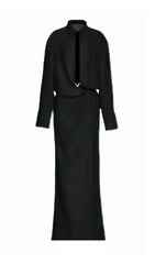 Haimi Elegant Black Long Sleeve Maxi Dress with V-Detail Draped Waist