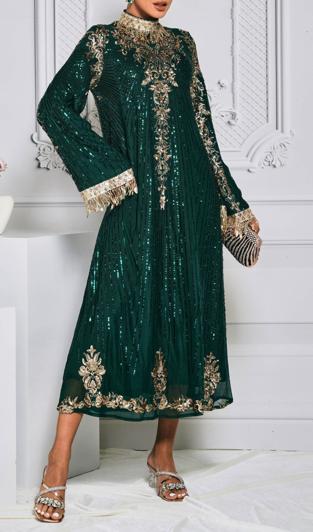 Crispina Emerald Green Sequin & Gold Embellished Long Sleeve Midi Dress