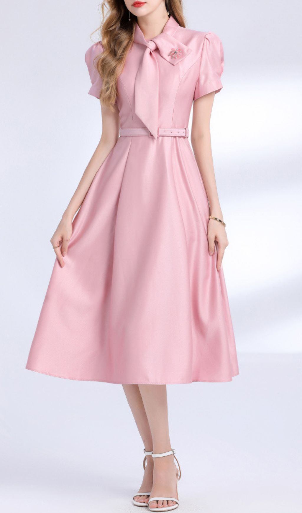 Funa Elegant Pink Bow Tie Midi Dress