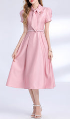 Funa Elegant Pink Bow Tie Midi Dress