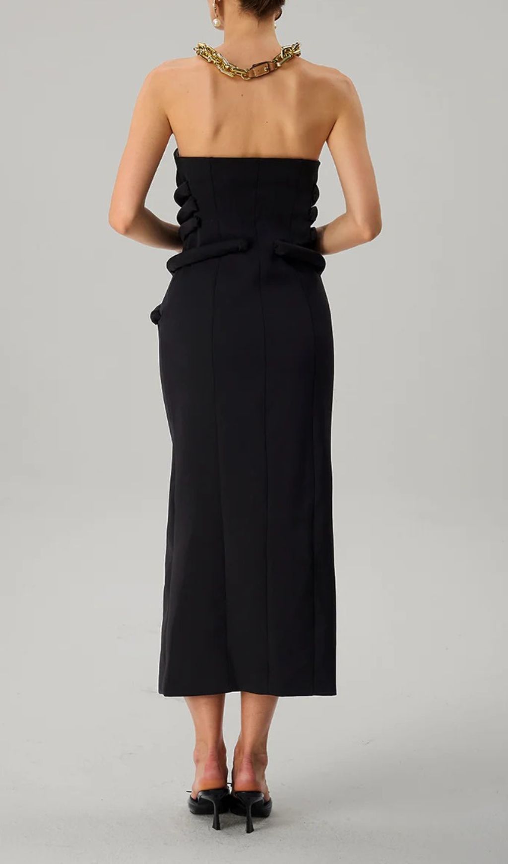 Faridun Sculptural Strapless Button-Front Midi Dress