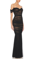 Glamorous Black Off-Shoulder Ruched Mesh Maxi Gown
