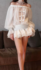 Darragh Elegant Blush Off-Shoulder Ruffle Skort Romper