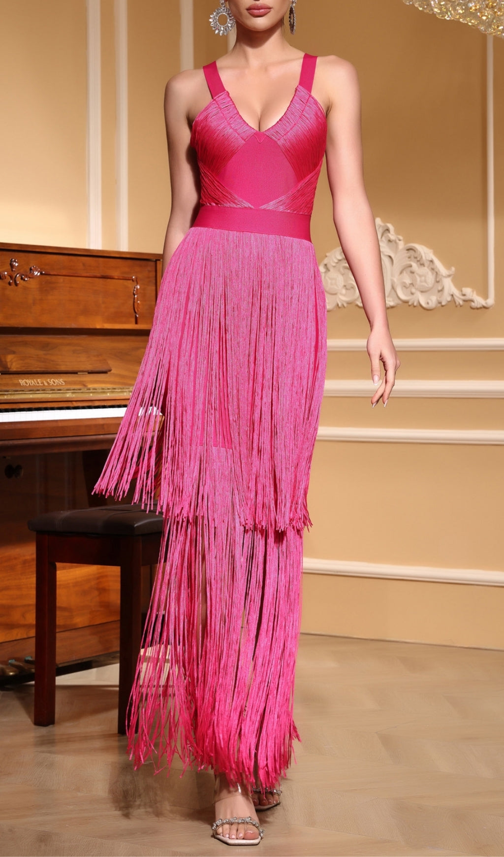 Eliora Hot Pink Tassel Bandage Maxi Dress