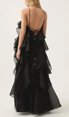 Cambree Elegant Black Halter Ruffle Maxi Dress
