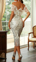 Dazzling Off-Shoulder Sequin Tassel Midi Dress