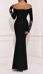 Haneefa Glamorous Black Off-Shoulder Maxi Dress with Sparkling Diamante Sleeves & Vibrant Orange Drape