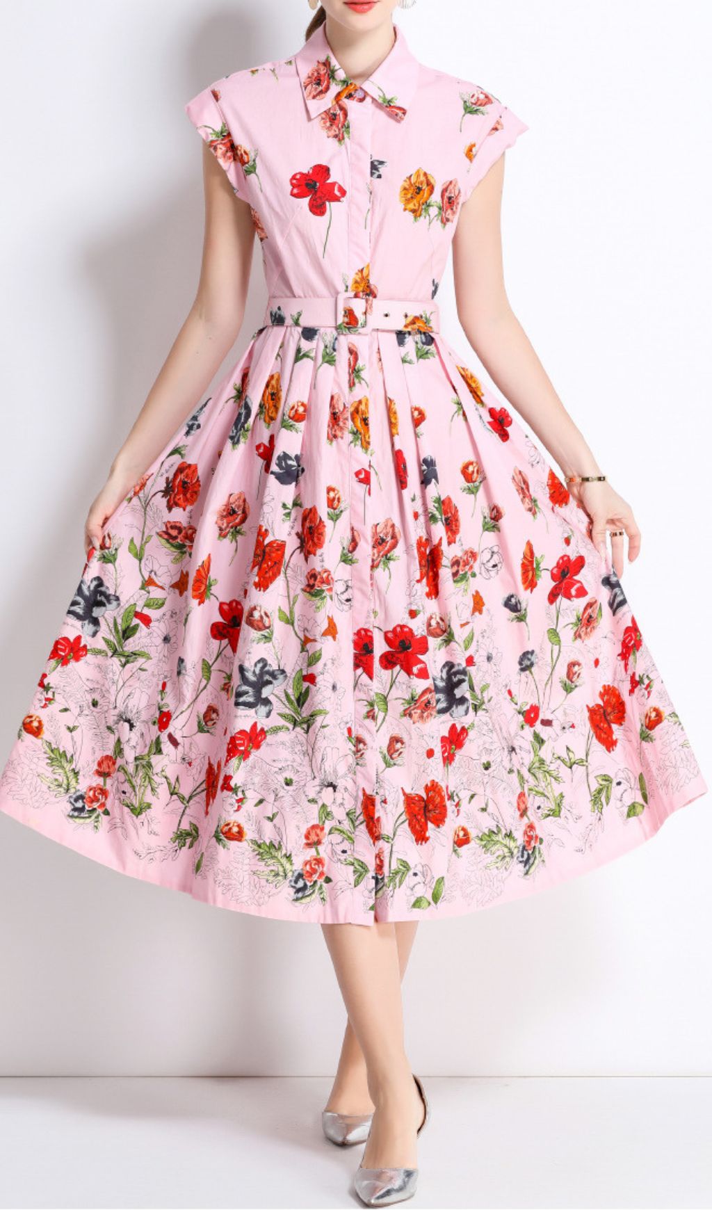 Fusca Elegant Pink Floral Belted Midi Shirtdress