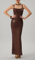 Dazzling Brown Backless Rhinestone Maxi Dress