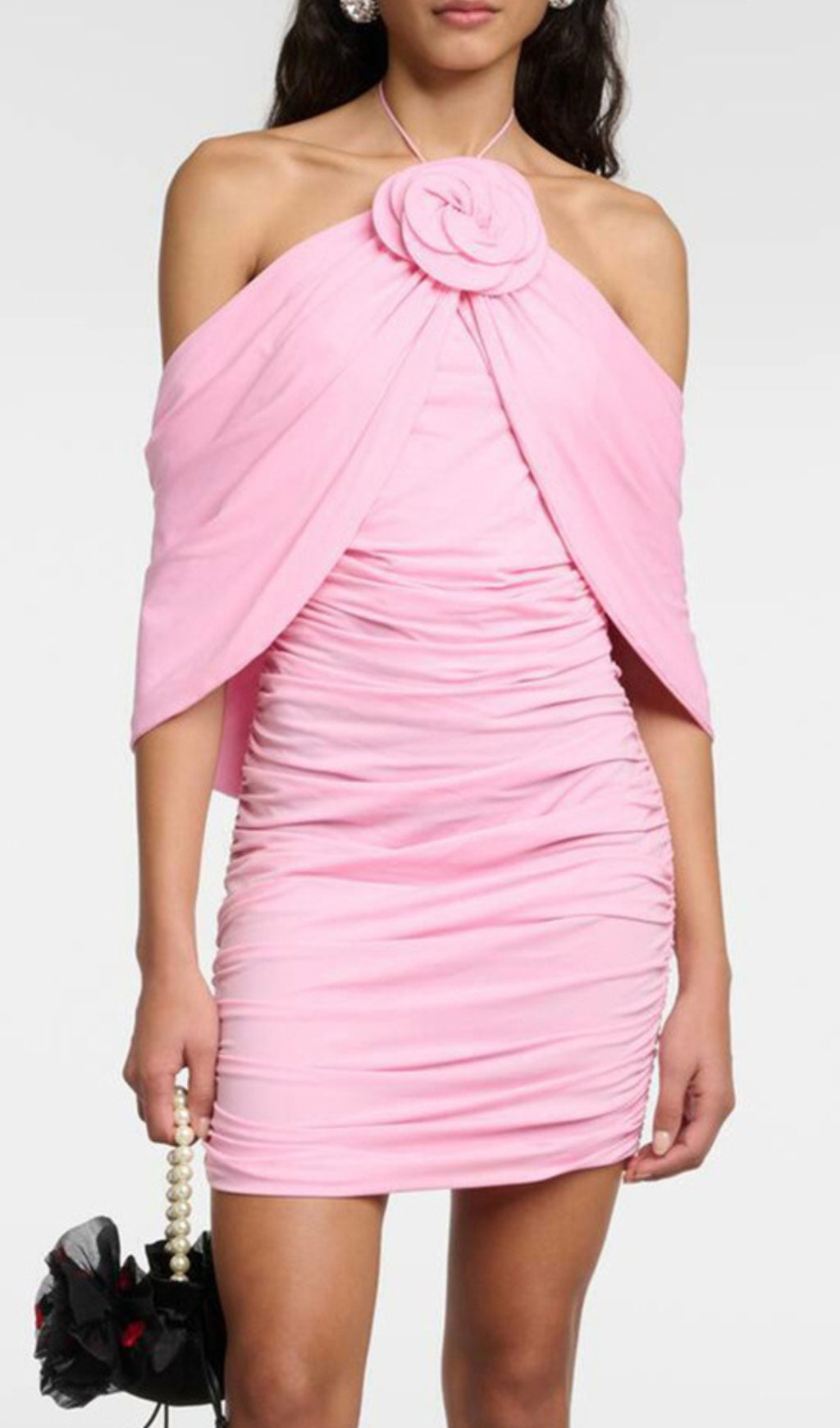 Rose Pink Floral Halter Ruched Mini Dress