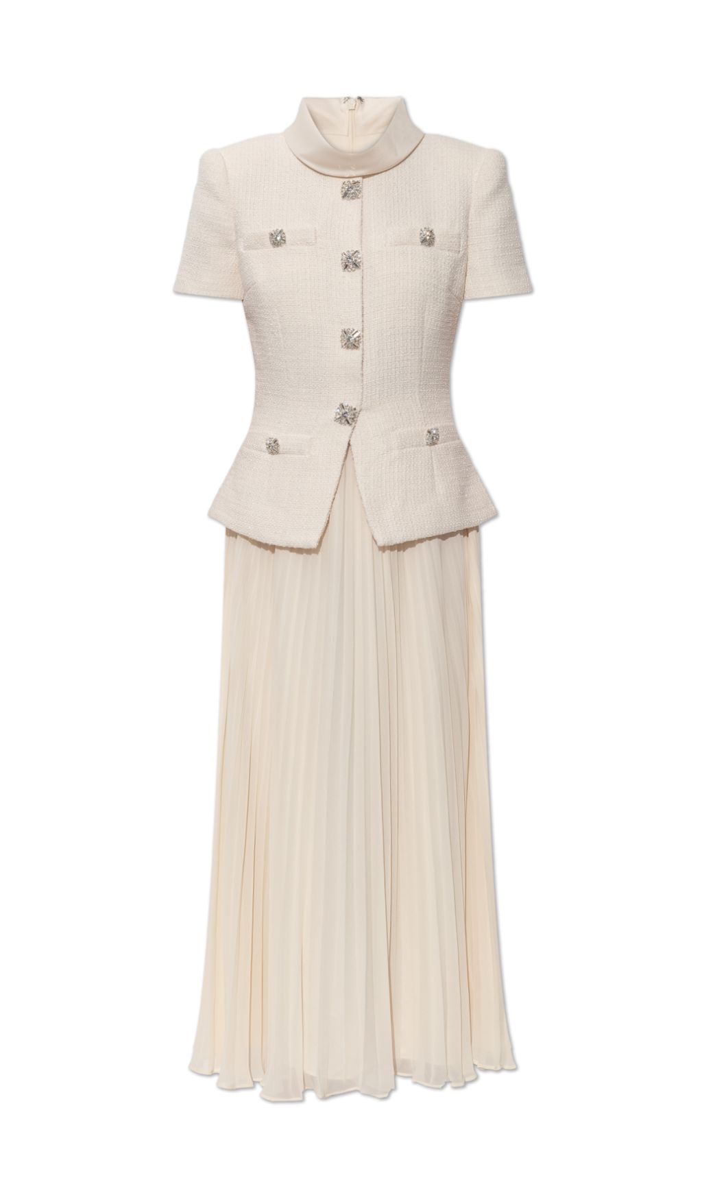 Elegant Cream Embellished Tweed-Style & Pleated Midi Dress