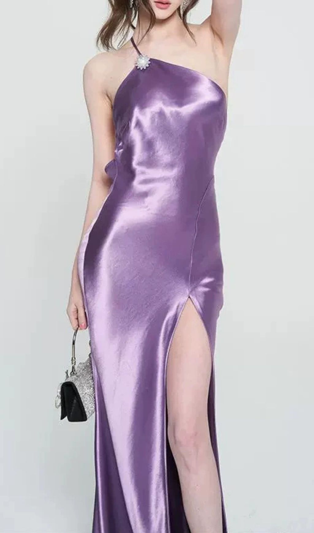 Faith Glamorous Purple Satin Halter Backless Maxi Gown with Thigh Slit