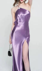 Faith Glamorous Purple Satin Halter Backless Maxi Gown with Thigh Slit