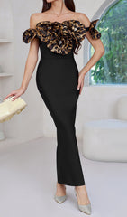 Dorona Elegant Black Leopard Floral Off-Shoulder Bandage Maxi Dress