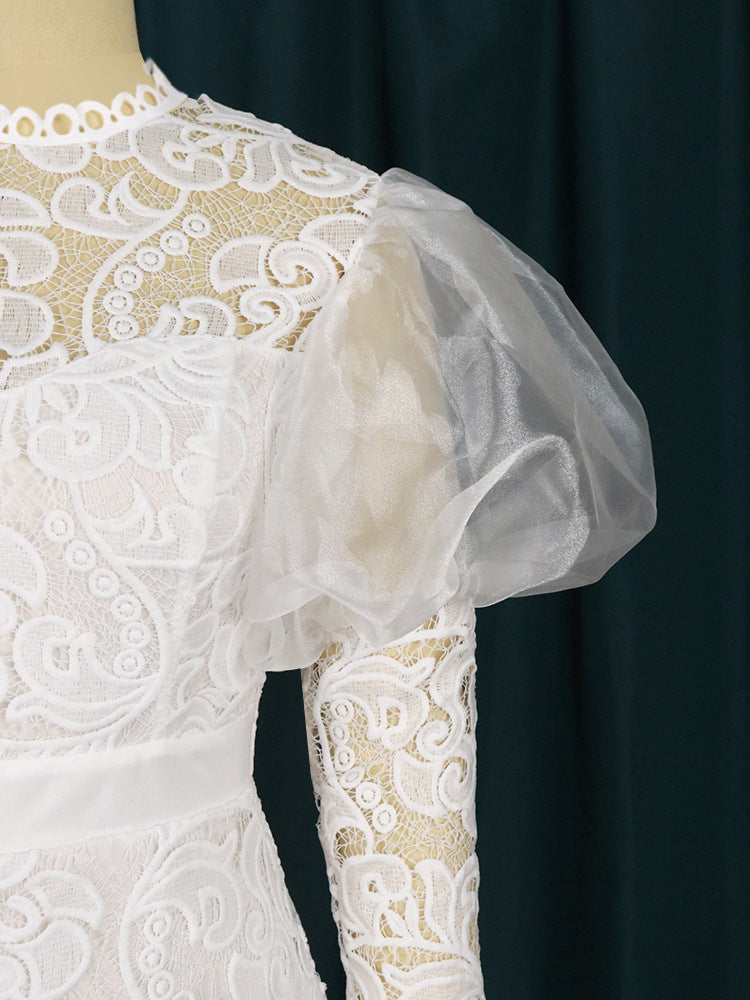 Elegant White Lace Puff Sleeve Midi Dress