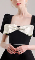 Elegant Black Statement Bow Mini Dress with Puff Sleeves