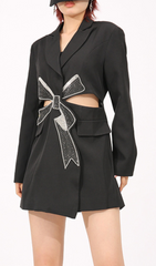 Farida Black Long Sleeve Diamante Bow Cut-Out Mini Blazer Dress