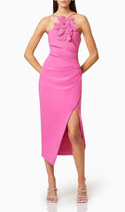 Darva Hot Pink 3D Floral Halter Midi Dress